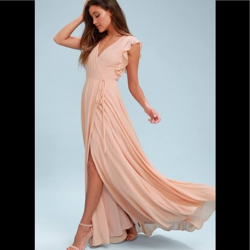 Lulus Crescendo blush pink wrap ruffle maxi dress